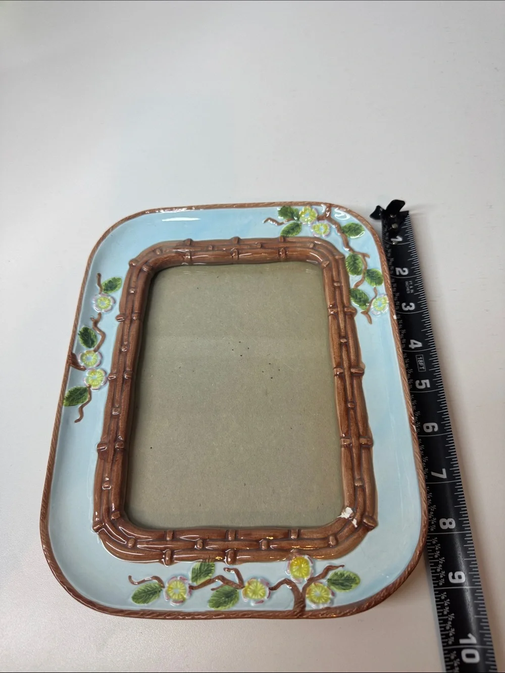 Vintage Terragrafics Ceramic Picture Frame Blue Bamboo Floral 1991 Korea